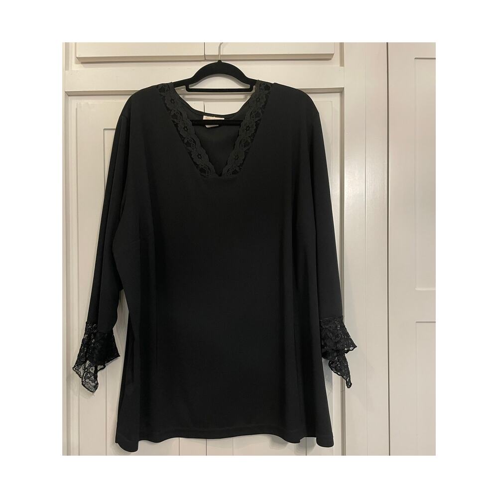 Roaman's Black v neck blouse with lace detail 28W
